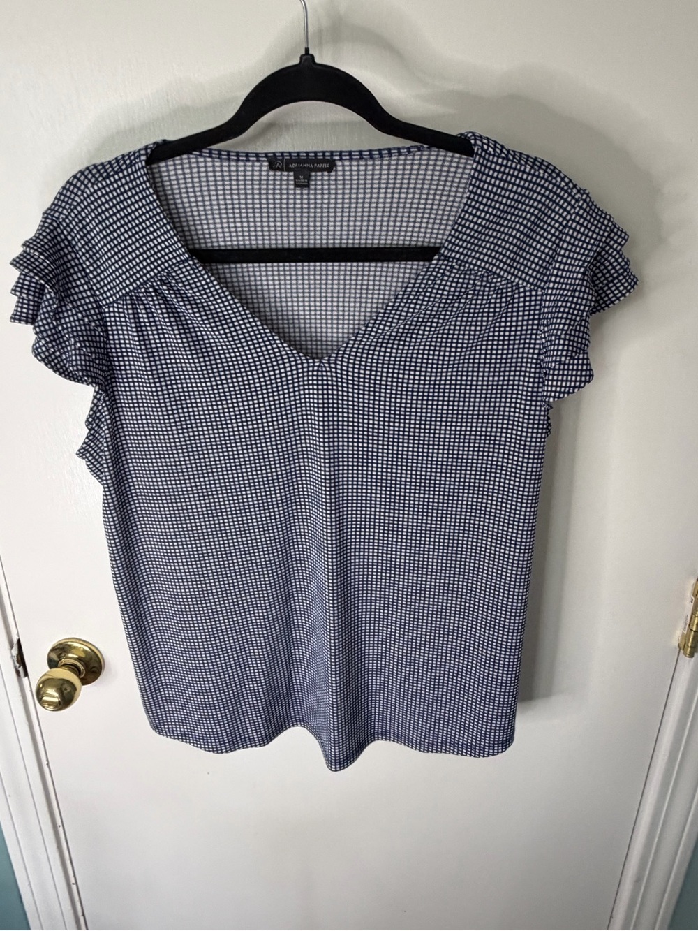 Adrianna Papell Blue and White Checkered Grid Print Top Blouse - Size Medium